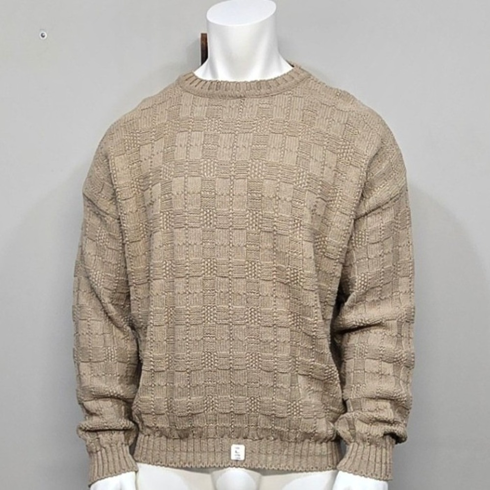 Vintage 90s Mens 100% Cotton Sweater Large Oatmeal Made USA Crewneck Textured